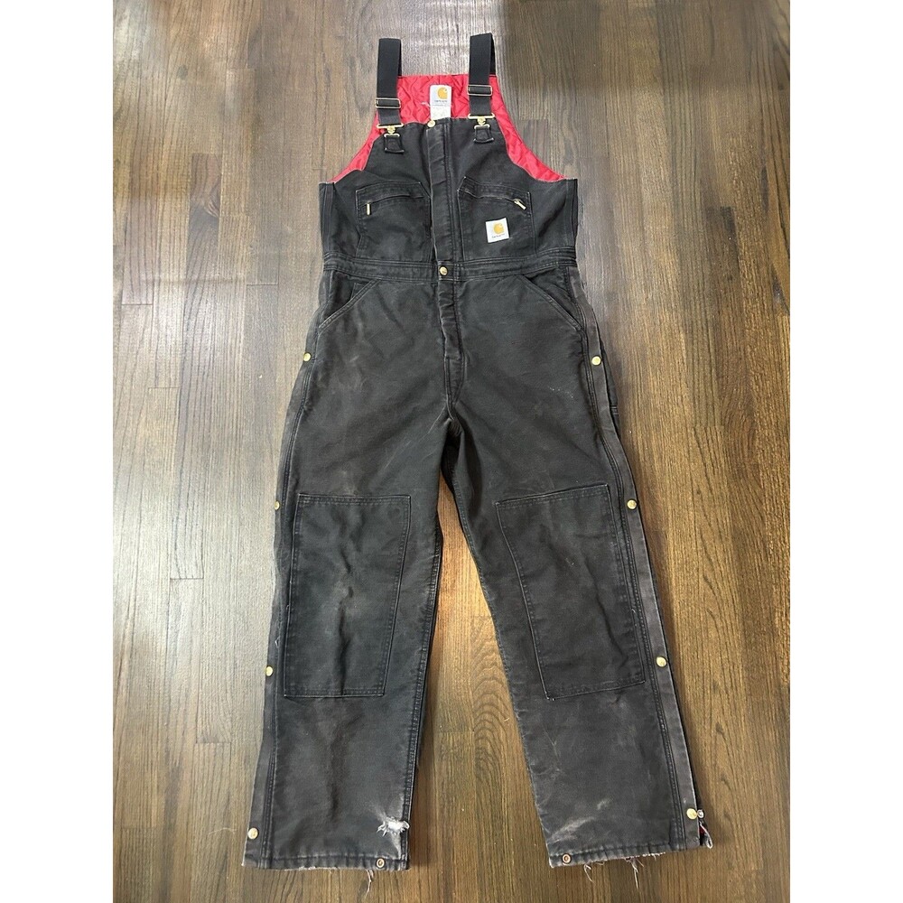 Carhartt R04 BLK Insulated Double Knee Overall Bibs Distressed 36x30 VTG USA